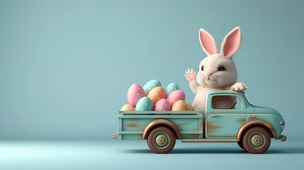 Fotobehang A conceptual image of the Easter bunny driving a delivery truck filled with Easter eggs in the bed © Julio