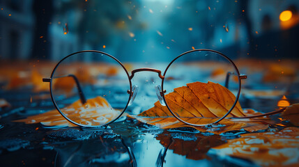 An illustrative image of glasses lying on the ground amidst rain, with raindrops on the lenses and blurred bokeh in the background. - obrazy, fototapety, plakaty