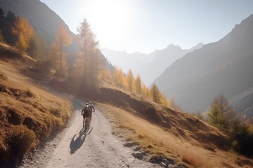 Fototapeta na wymiar Bicycle with cyclist rider at sunset on a mountain road. Active healthy sport hobby. AI generated.