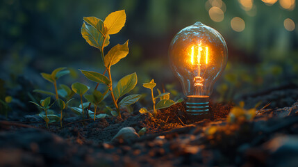A conceptual image of a lit light bulb amidst darkness in the grass - obrazy, fototapety, plakaty
