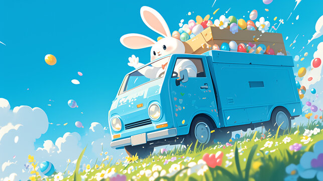 A conceptual image of the Easter bunny driving a delivery truck filled with Easter eggs in the bed.