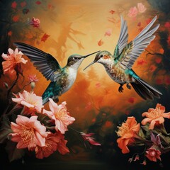 Hummingbirds fly over flowers in a painting depicting natural environment , generated by AI
