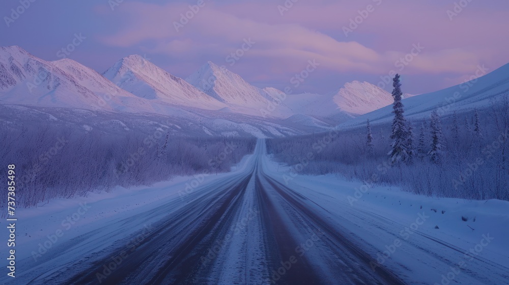 Poster a train track in the middle of a snow covered forest with a mountain range in the distance in the di