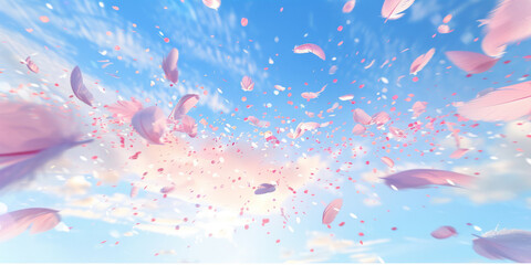 Fototapeta na wymiar pink blossoms falling from the sky with an empty background,