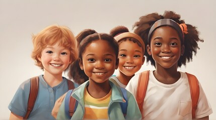 Realistic image of a group of smiling children of different nationalities and cultures. Multiculturalism, transnationality, open education, international schools. Illustration. Generative AI - obrazy, fototapety, plakaty
