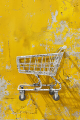 money or money waste shopping cart on yellow backgrou