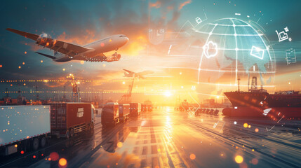 dynamic transportation and logistics concept, showcasing various modes of freight transport such as trucking and aviation, integrated with digital connectivity and global networking.