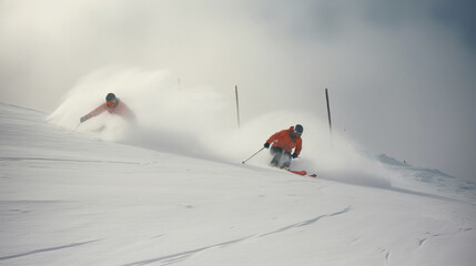 Group of skiers athletes compete going down from ski mountain. AI generated.