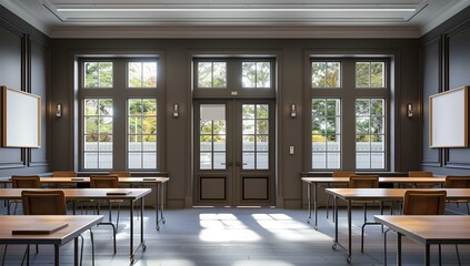 Spacious classroom interior with wooden desks and natural light streaming in through tall windows. tranquil learning environment. AI