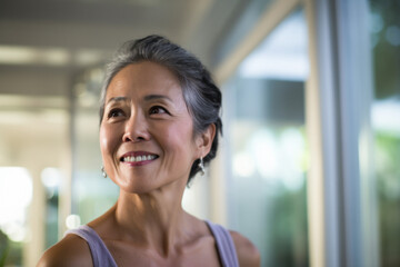 Beautiful retired Asian woman standing near glass door. Lifestyle, fitness, sport concept.