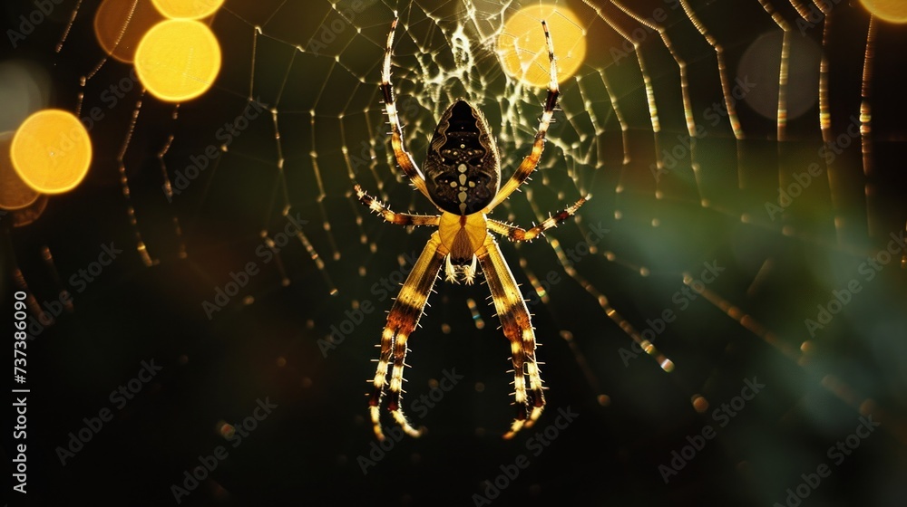 Poster a close up of a spider on it's web in front of a blurry background of yellow lights.