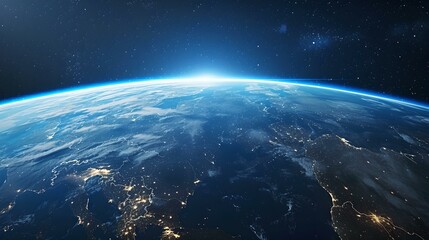 Stunning view of earth from space showing atmosphere and city lights. high-quality image for scientific and educational use. AI