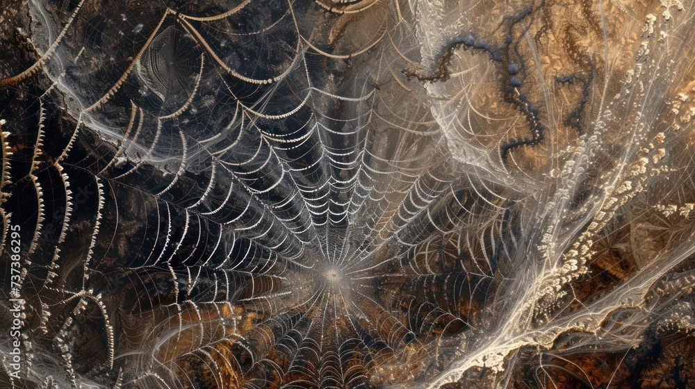 Poster a close up of a spider web with water droplets on the spider's web in the center of the web.