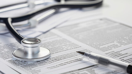 A medical document with a stethoscope and pen on it, suggesting healthcare administration or patient care planning. - obrazy, fototapety, plakaty