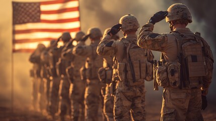 A group of military special forces soldiers in uniform saluting with respect in front of an American flag.