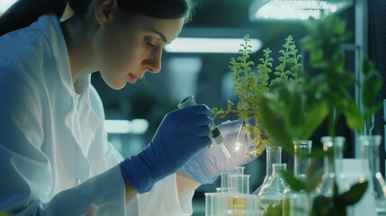 A female scientist gestures over a plant on a tableware in a laboratory - obrazy, fototapety, plakaty