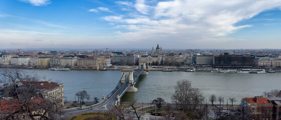 View of the river. Panorama of the old town center by the river. Budapest, Hungary.