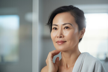 Beautiful Asian mid age adult 50 years old woman standing in bathroom after shower with copyspace.