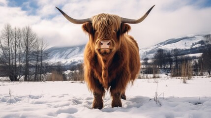 a yak with long horns standing in a snow covered field with a mountain in the backgroup.