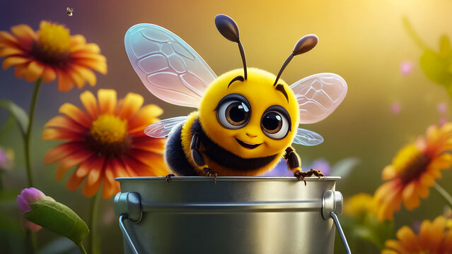 cute cartoon bee character, flowers, bucket banner