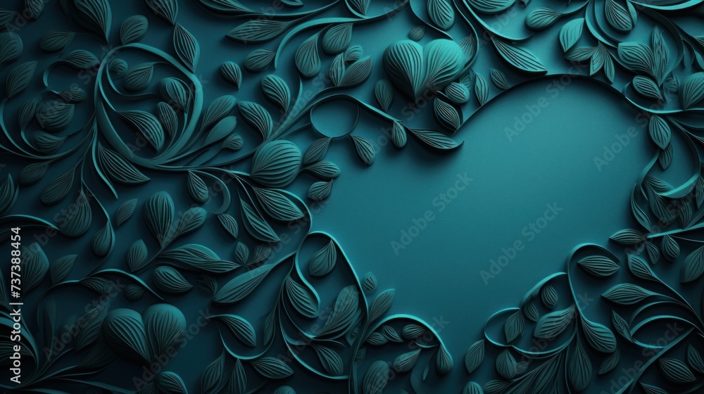 Poster a blue background with leaves and a heart shaped hole in the middle of the center of the image is a 