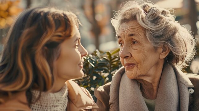 close up Caregiver woman sitting beside elderly woman. Take care elderly. Health care