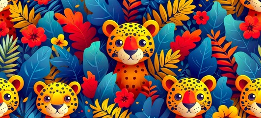 Modern seamless tropical colorful pattern with abstract jaguars and tigers 