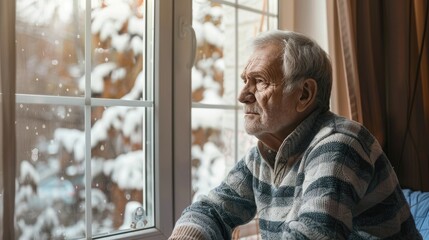 take care elderly. elderly senior male depressed at nursing home living room on quarantine looking out window feeling sad missing unhappy thoughtful in mental health care in older people