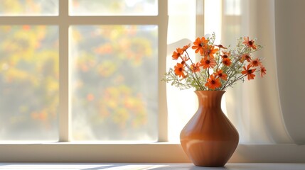 a vase filled with orange flowers sitting on top of a window sill next to a window covered in white curtains.