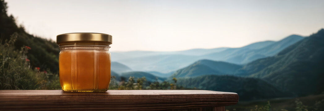 Banner Honey in a glass jar on a wooden surface on the background of a mountain landscape. Beekeeping products. Fresh honey from honeycomb, flower honey, variegated herbs. Place for text