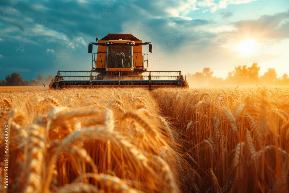 Aufkleber the combine harvests the crop on the field. background with selective focus and copy space