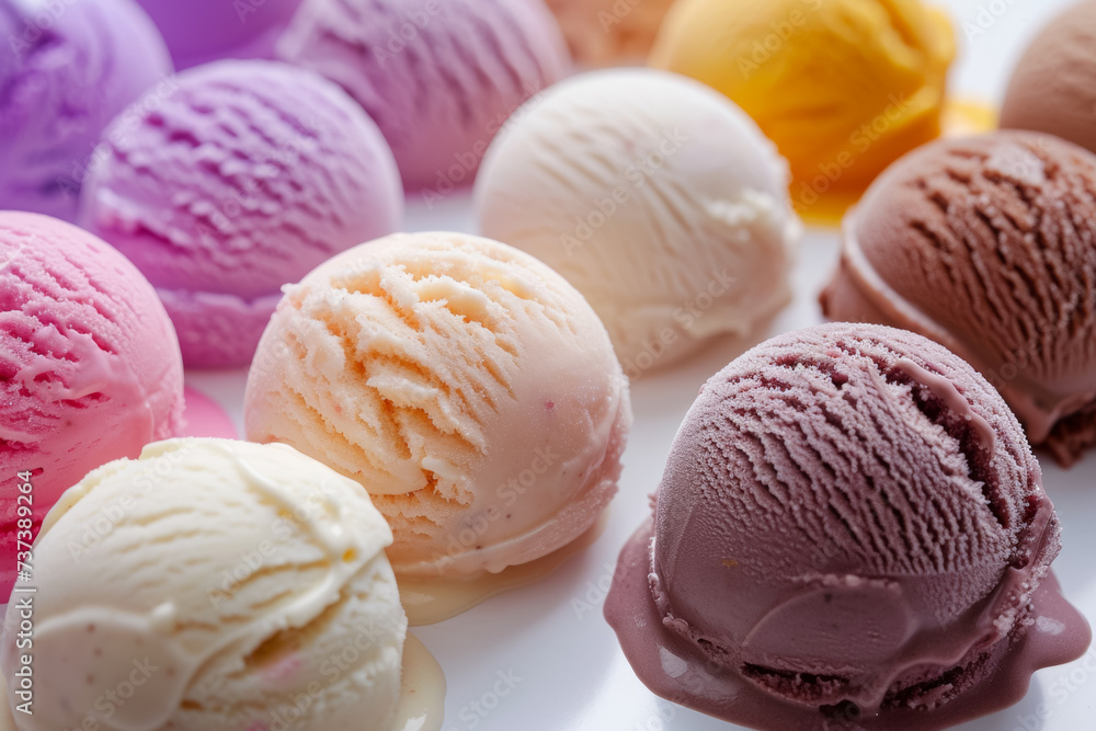 Poster a set of scoops of different ice creams. background with selective focus and copy space