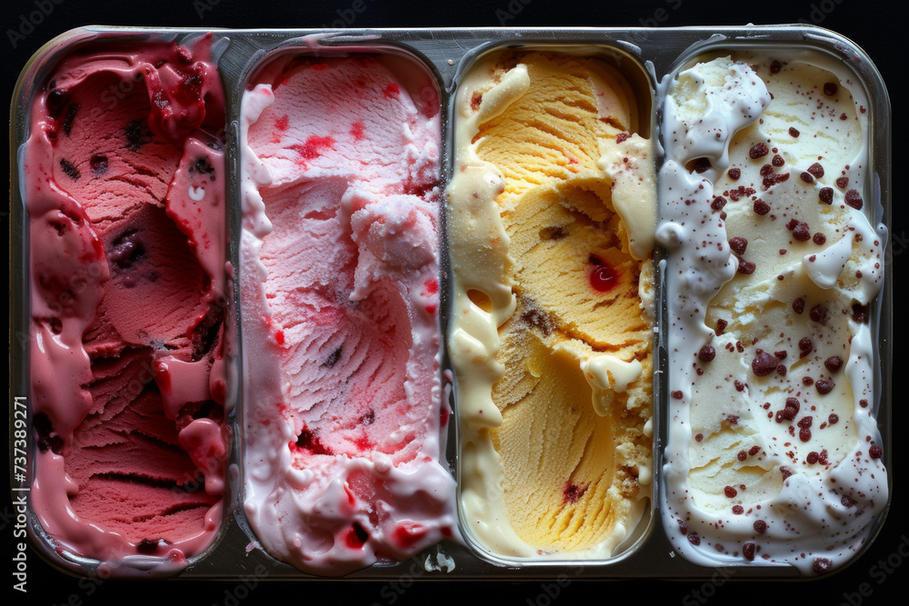 Poster trays with an assortment of different ice creams. background with selective focus and copy space