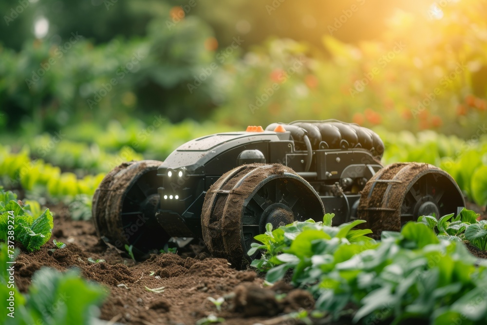 Poster modern farm with robots. background with selective focus and copy space