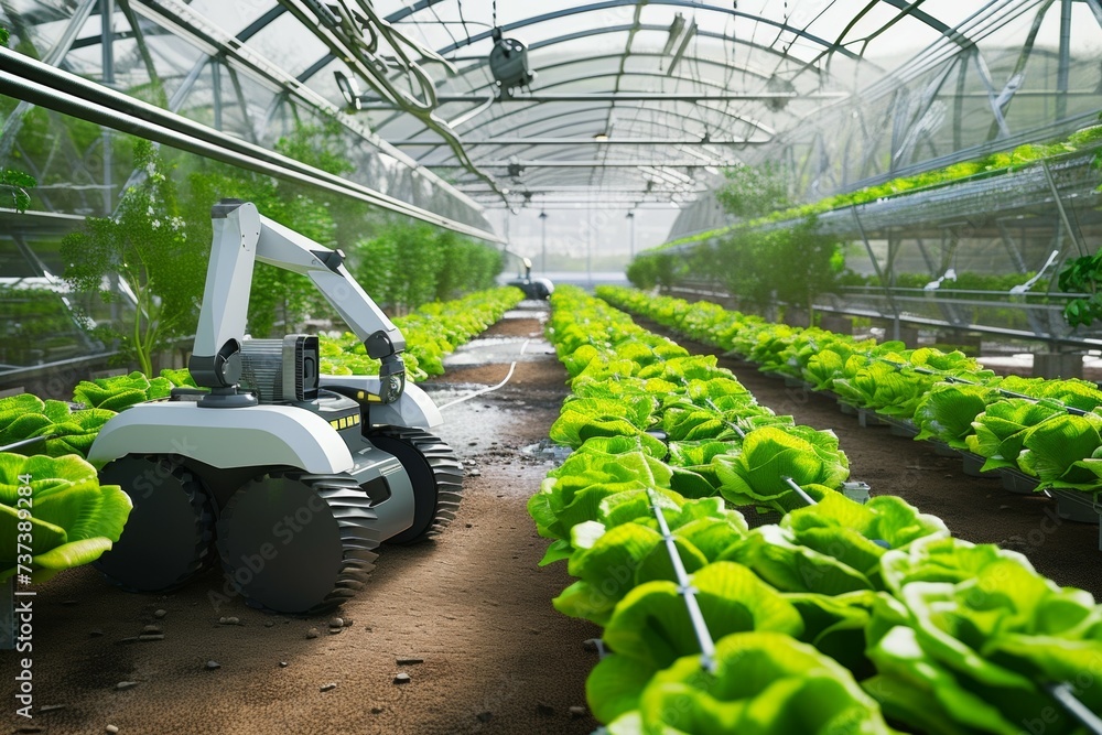 Aufkleber modern greenhouse with robots. background with selective focus and copy space