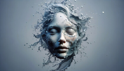 A conceptual portrait of a woman's face merging with water, the fluidity of the water symbolizing both tranquility and transformation.Digital art concept. AI generated.
