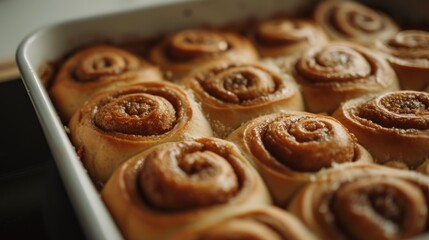 a pan filled with cinnamon rolls sitting on top of a stove top next to a pan filled with cinnamon rolls.
