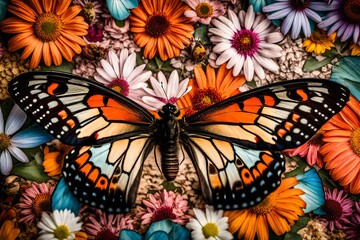A close-up of the intricate patterns on the wings of a butterfly resting on a bed of colorful flowers.