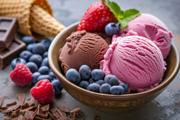 Ice cream scoop dessert. Background with selective focus and copy space