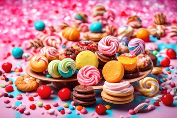 colored sweets on abstract background, colored candy on background, sweet cookies on colorful background, sweets wallpaper