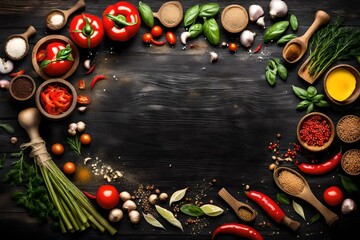 Vegetables and spices ingredient for cooking italian food on black wooden old board in rustic style