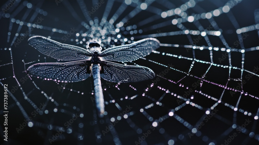 Poster a close up of a spider web with a dragonfly on it's back and it's wings spread out.