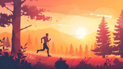 Serene sunset landscape with runner. captivating outdoor scenery. peaceful evening jog. vibrant colors, digital illustration. AI - obrazy, fototapety, plakaty