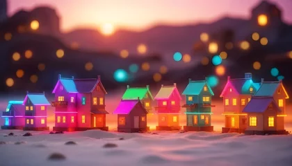 Papier Peint photo Violet Colorful illuminated houses in a snowy landscape at sunset