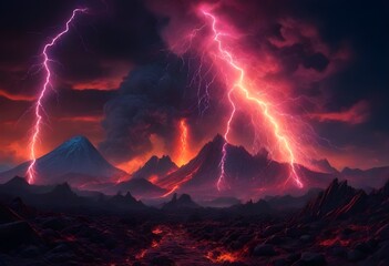 A volcanic landscape with multiple erupting volcanoes, lightning strikes, and a fiery red and purple sky