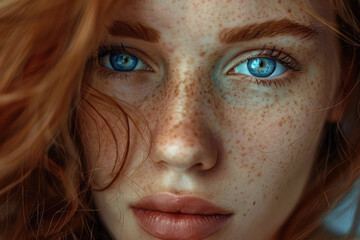Close-up face of young beautiful girl teenager over beige background. Blue eyes and thick eyebrows. Young adult Nordic woman, Scandinavian model with curly hair. Skin care, natural beauty