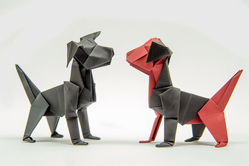 Origami figure of a two dogs. Studio photography with white background