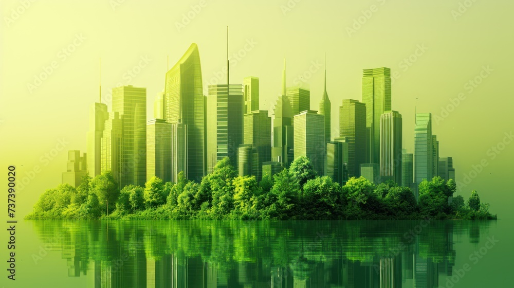 Poster a picture of a city with trees in the foreground and a lake in the foreground in the foreground.