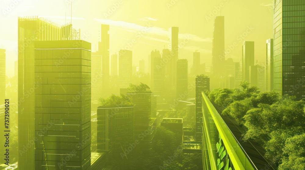 Poster a view of a city with skyscrapers and trees in the foreground and a train on the tracks in the foreg