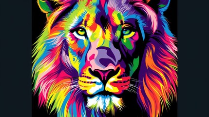 a close up of a colorful lion's face on a black background with the colors of the rainbow on the lion's face.